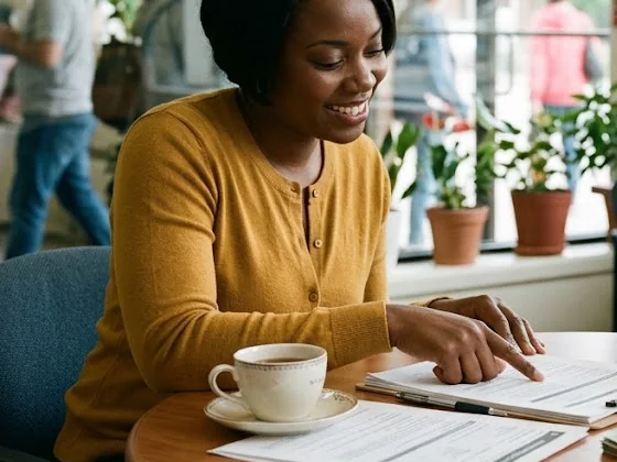 Une rencontre d’accueil : une personne souriante, des documents et un café sur la table.