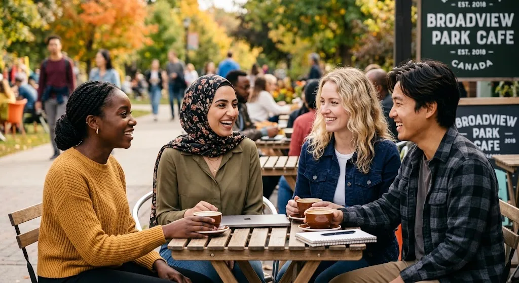 Quatre personnes attablées en terrasse, en pleine conversation, carnet et ordinateur ouverts.