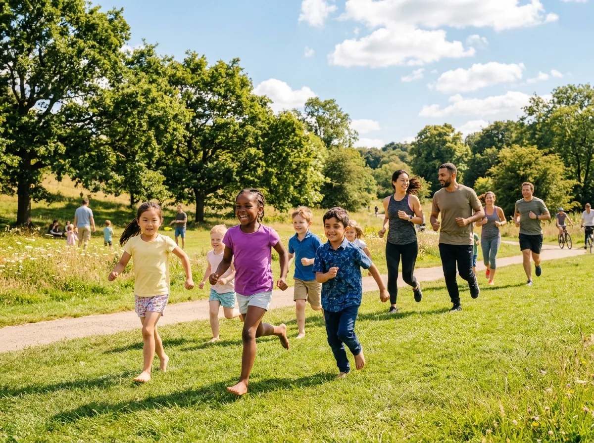 Des enfants et des adultes courent dans un parc, en plein soleil.