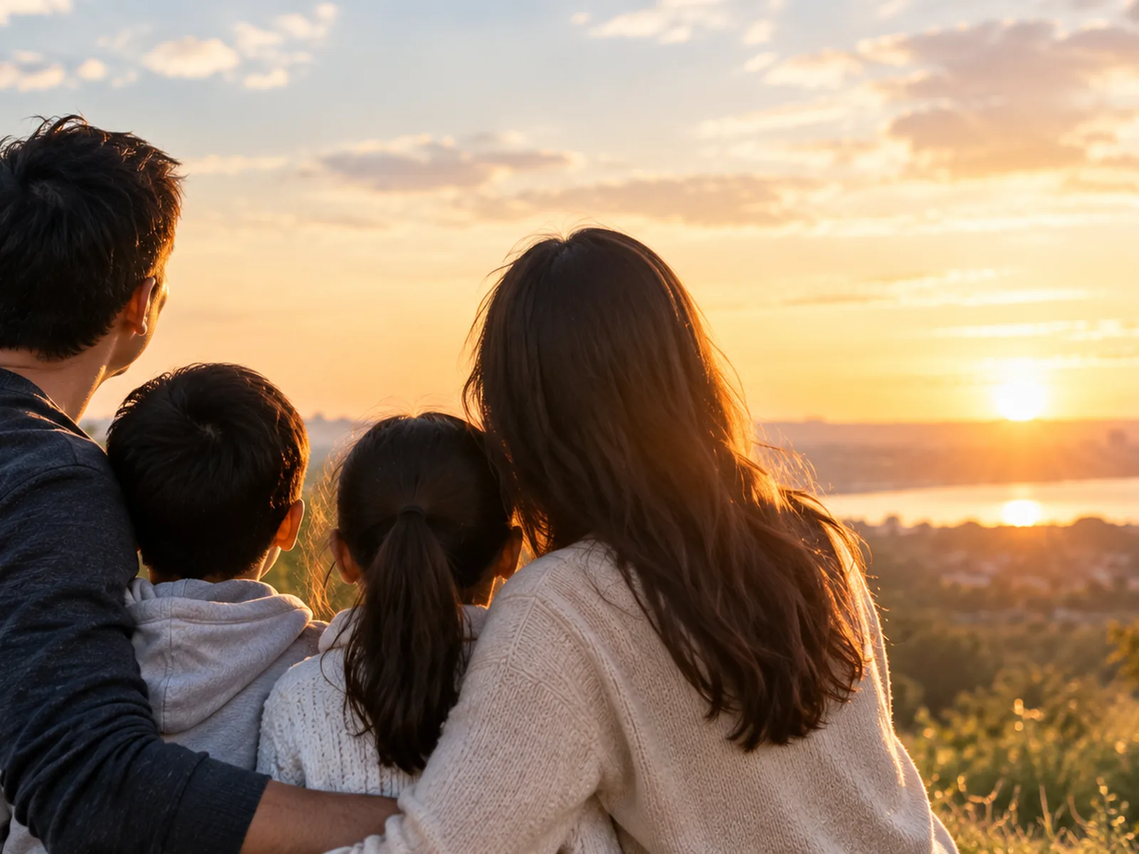 Une famille de quatre, de dos, regardant le coucher du soleil sur la ville.