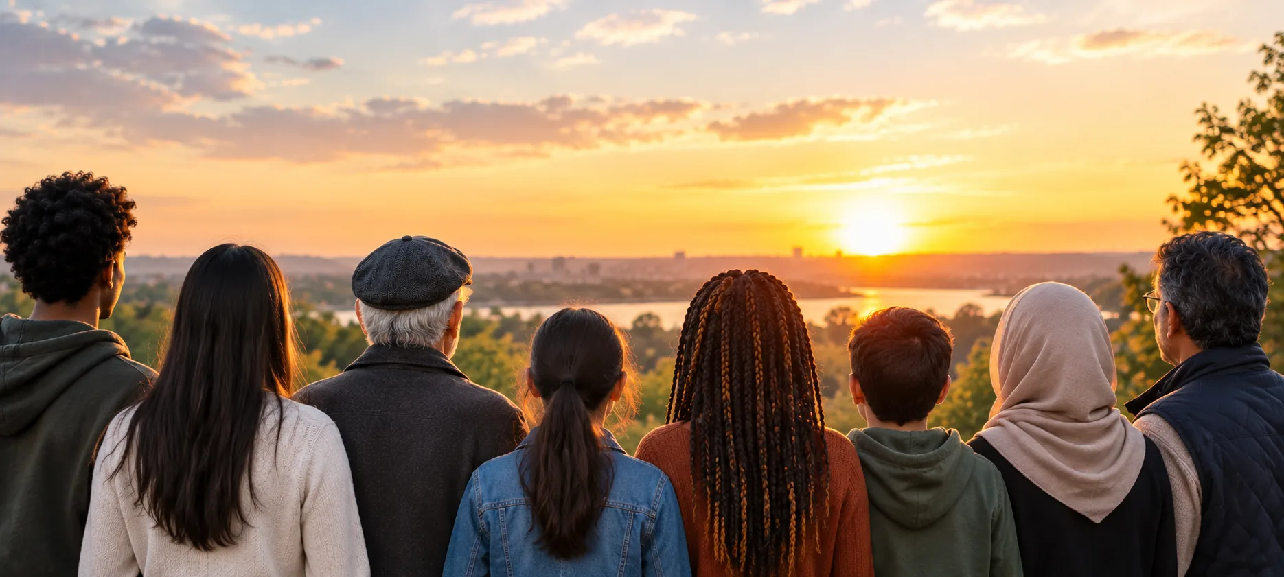 Un groupe de tous âges, de dos, regardant la ville au coucher du soleil.