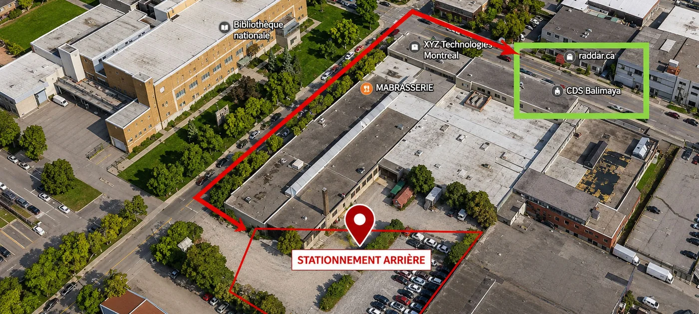 Vue aérienne du quartier : le trajet en rouge depuis la rue jusqu’au stationnement arrière du centre, situé derrière le bâtiment.